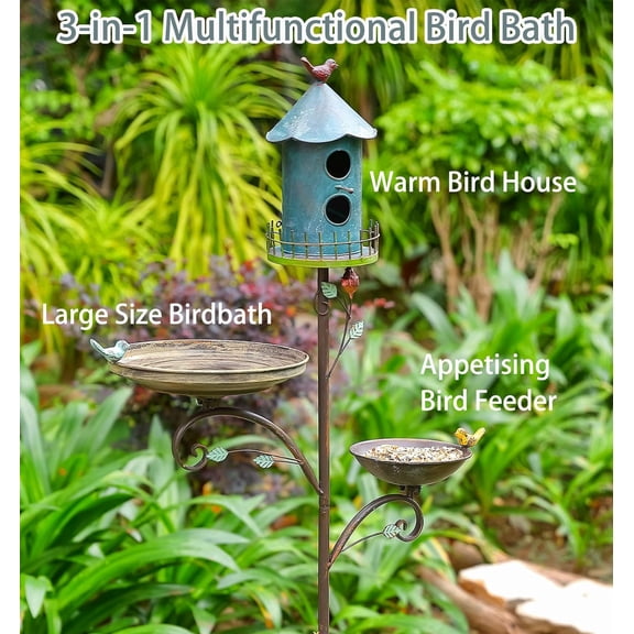 Metal Bird Bath Feeder and Houses for Outdoors, Birdbaths for Outside with 4-Prong Stake, 3 in 1 Free Standing with Blue House on Pole for Garden Patio Yard Lawn$$Garden & Patio