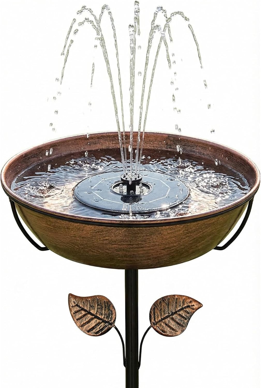 Metal Bird Bath with Solar Fountain - 13" Large Outdoor Birdbath Bowl + 6.3" Solar Pump with Battery & LED Lights | 1.4 Gallon Garden Bird Bath for Yard, Lawn, Patio, Flowing Water Feature