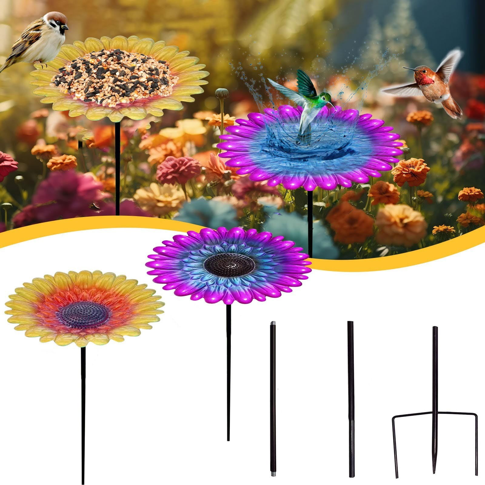 Metal Bird Bath and Feeder, with Metal Stake, Hummingbird Feeder for Outdoor Garden Yard Decor, Garden Bath Feeder