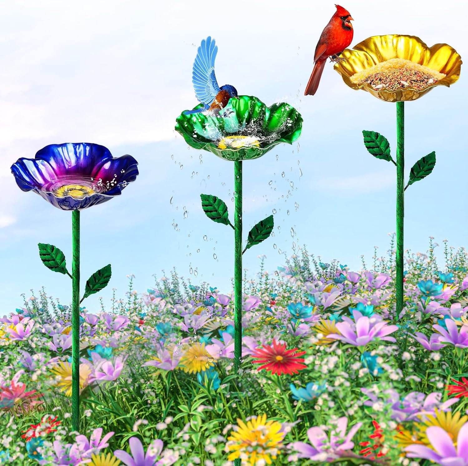 Metal Bird Baths for Outdoors, Garden Bird Bath & Bird Feeders with Metal Stake, Hummingbird Feeder for Outdoor Garden Yard Lawn Decor