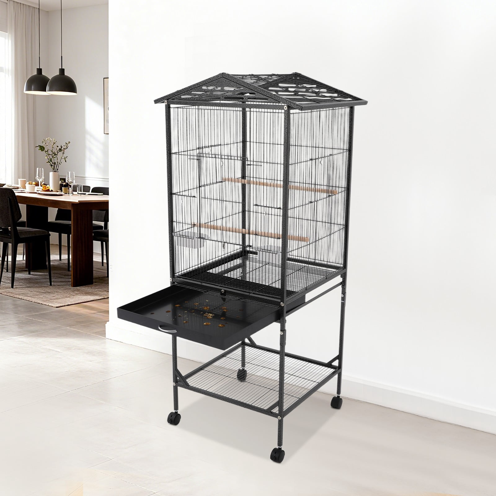 Metal Bird Cage, Bird Cage with Play Open Top, Bird Cage with Wheels for Homes, Living Rooms, Balconies, Pet Shops, and More (18.11*18.11*49.21in) (Black)