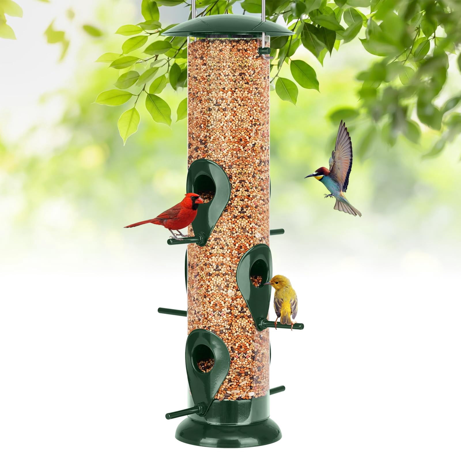 Metal Bird Feeder - 6 Port Tube Feeder for Outdoors, Heavy Duty Squirrel Proof with Metal Lid, Easy Fill & Clean, Weather Resistant, 13 Inch