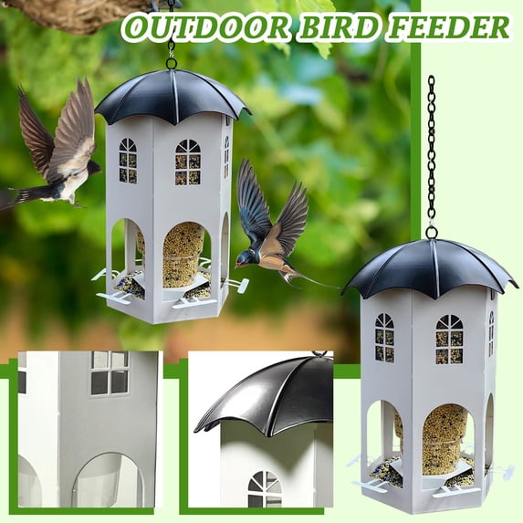 Metal Bird Feeder for Outdoor Hanging Wild Bird Feeders with Circular Perch Easy to Clean & Refill Large Seed Capacity Bird Feeders for Outdoors Hanging 9" White Castle Bird Feeder Outdoor Garden