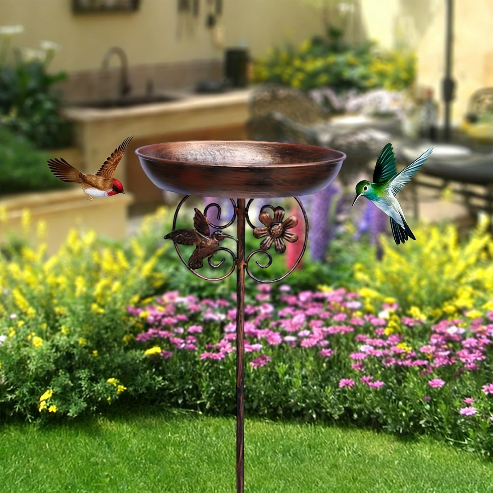Metal Bird Feeder with Pole for Garden Yard, 2 in 1 Bird Bath and Feeder Station, Outdoor Ground Stake Bird Water Feeder, Weather Resistant Bird Feeding Station Easy Clean Backyard Decor