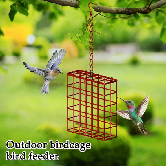 Metal Bird Feeder for Outdoor Hanging Squirrel Resistant Wild Bird Feeding Station with Rainwater Cover for Garden Yard Tree Decoration, Red
