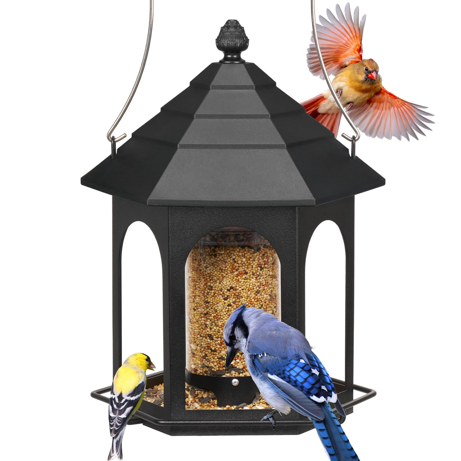 Metal Bird Feeder for Outdoors Hanging, 3 lbs Seed Feeder, Wild Bird Feeders for Garden Cardinal Finch Bluebird, Easy to Fill & Clean