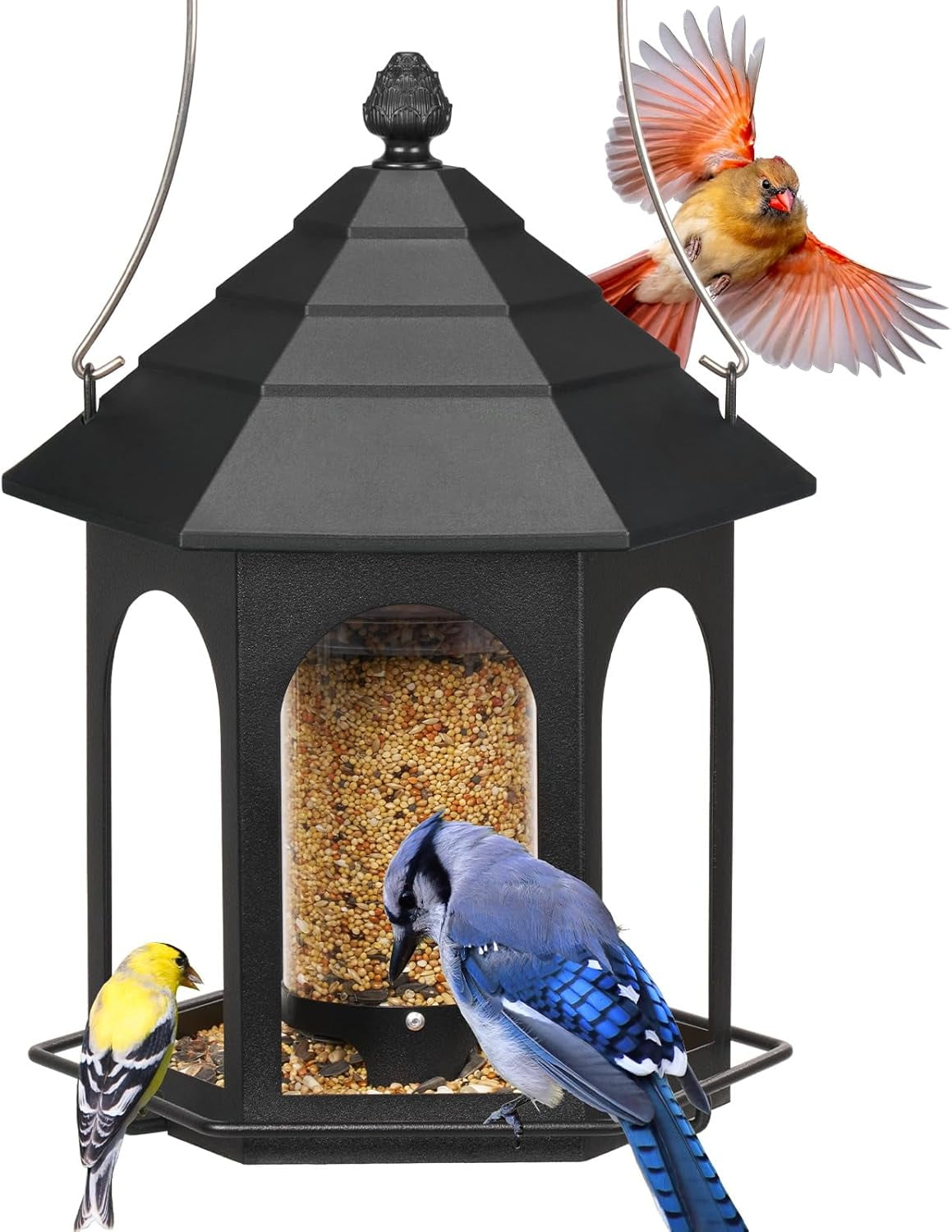 Kingsyard Metal Bird Feeder for Outdoors Hanging, 3 lbs Seed Feeder, Wild Feeders Garden Cardinal Finch Bluebird, Easy to Fill & Clean, Black