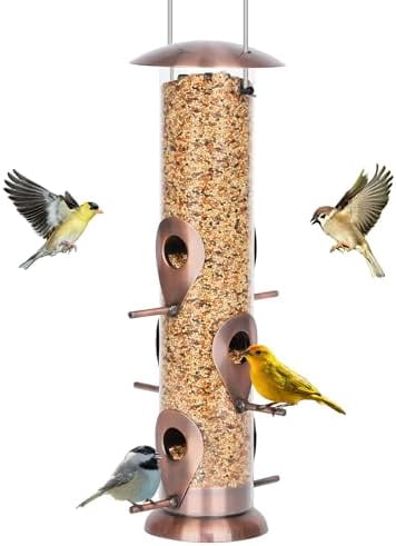 Metal Bird Feeders for Outdoors Hanging, 6-Port Tube BirdFeeders for Outside, Finch Feeders for Outside, Brushed Copper Finishing, Bird Feeder with Heavy Duty Metal Lid, Chew-Proof 1 Pack