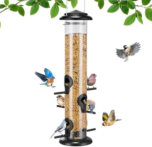 Metal Bird Feeders for Outdoors Hanging, Tube Bird Feeder with 6 Feeding Ports, 15 Inch, Chew-Proof & Weatherproof, Black
