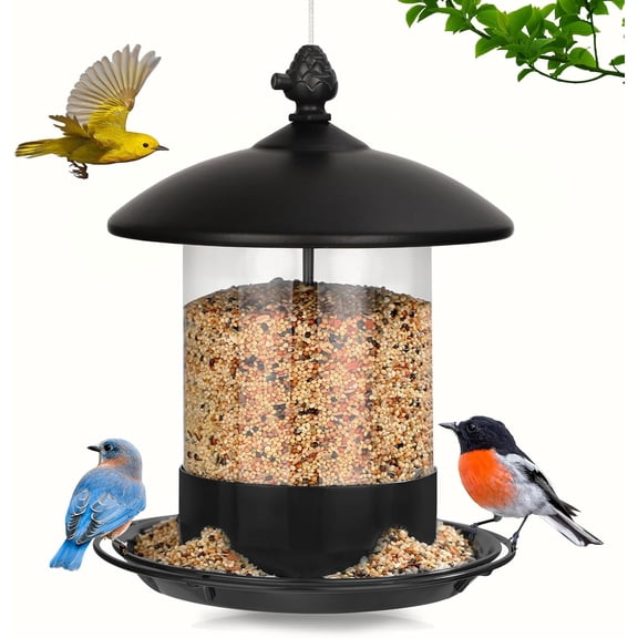 Metal Bird Feeders for Outdoors Hanging, Weather Resistant Wild Bird Feeder with 360 Degree Feeding Tray, Black