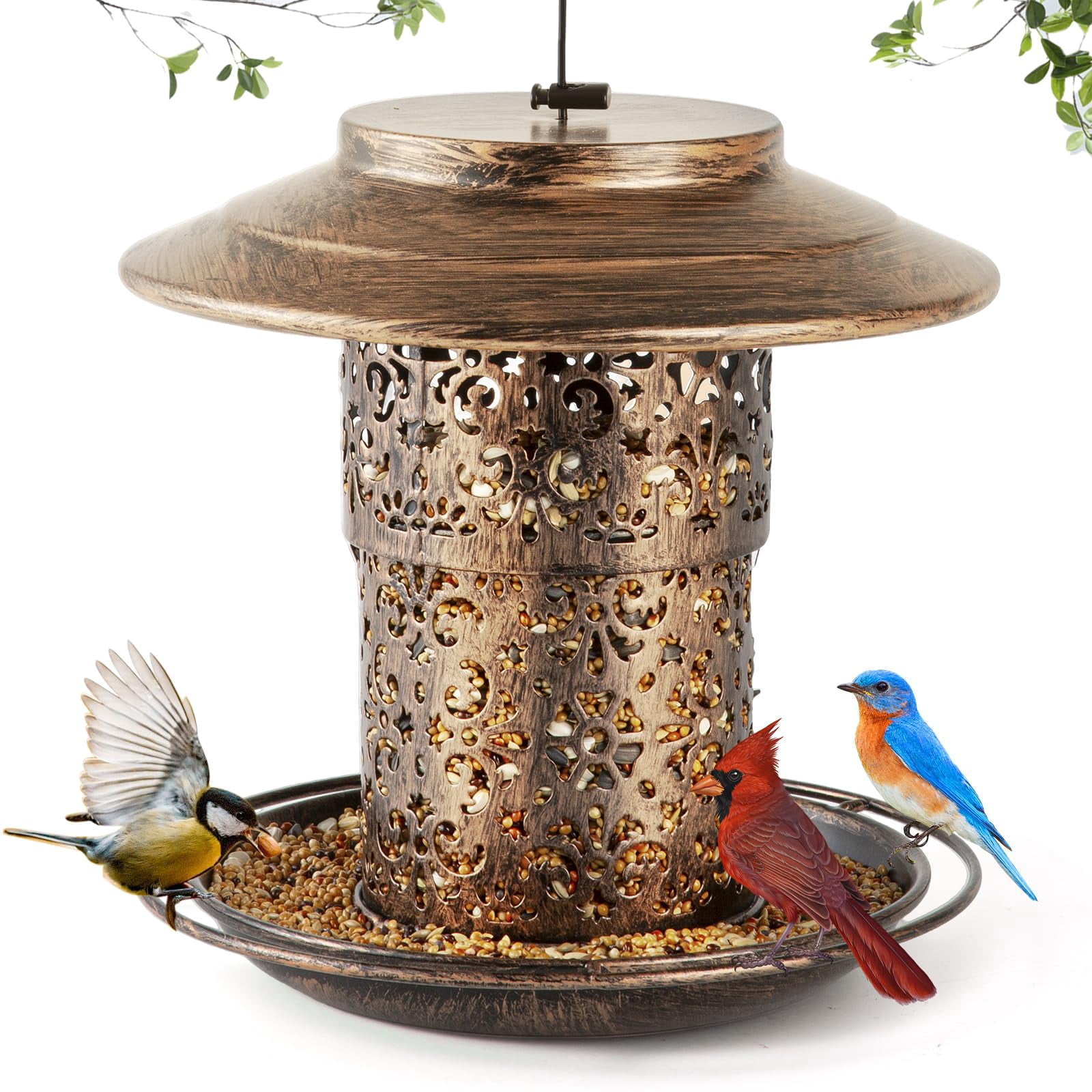 Metal Bird Feeders for Outdoors Hanging, Weather Resistant Wild Bird Feeder with 360 Degree Feeding Tray