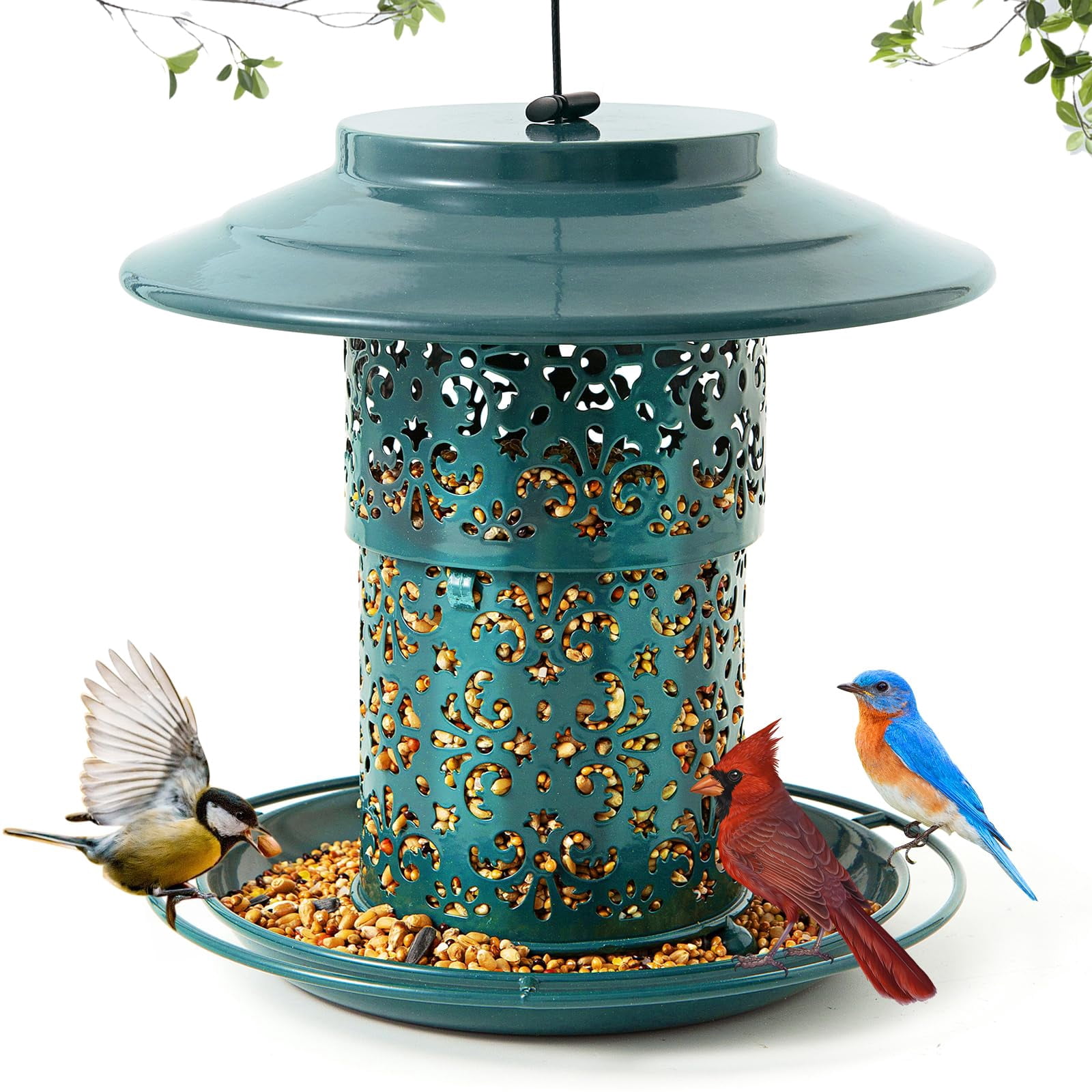 Metal Bird Feeders for Outdoors Hanging, Weather Resistant Wild Bird Feeder with 360 Degree Feeding Tray
