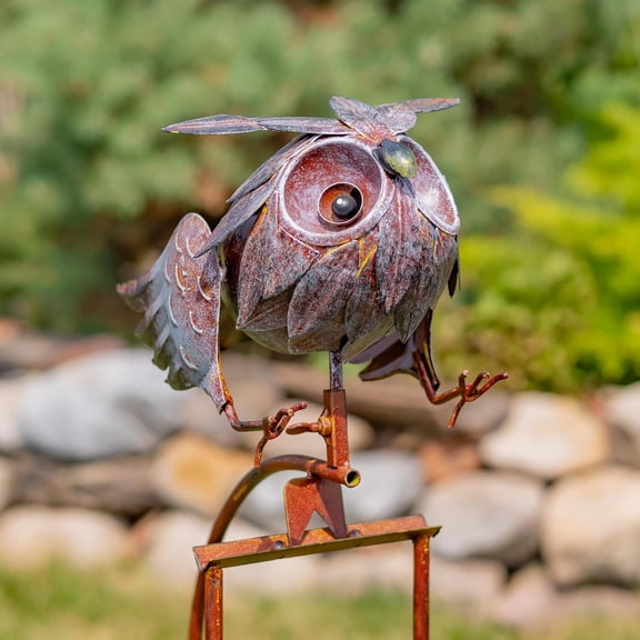 Metal Bird Garden Rocking Stakes with Dual Motion (Baby Owlet)