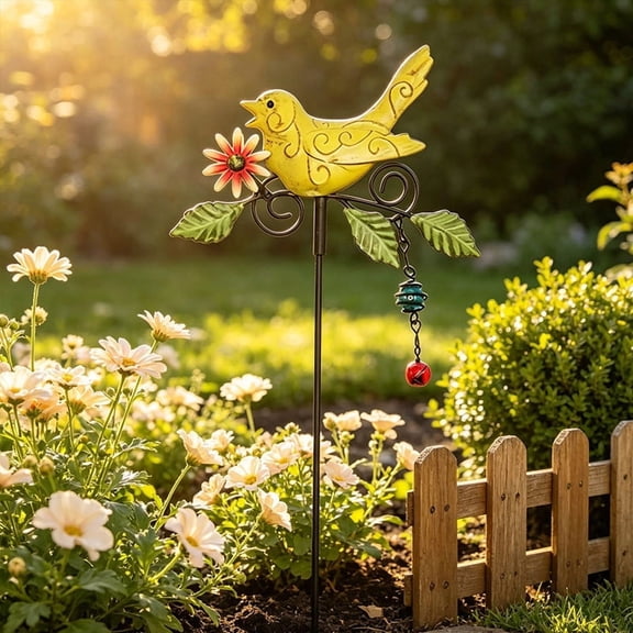 Metal Bird Garden Stake Wind Chime, Colorful Decorative Ground Insert Ornament for Yard Lawn Pathway Outdoor Landscape Decor