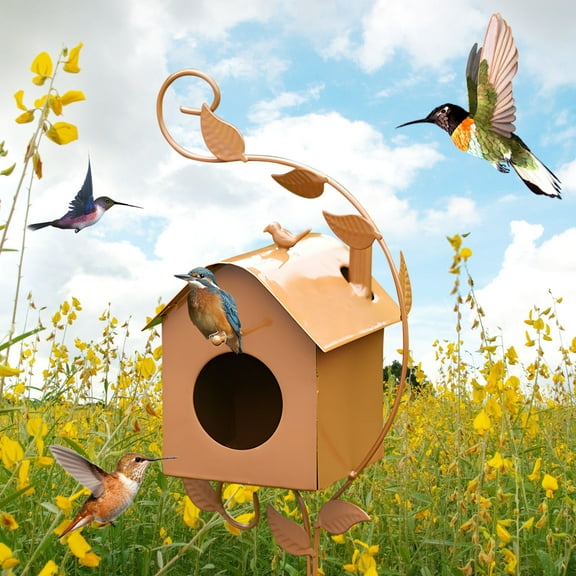 Metal Bird House With Poles Outdoor Metal Bird House Stake Bird House For Patio Backyard Patio Outdoor Garden Decoration