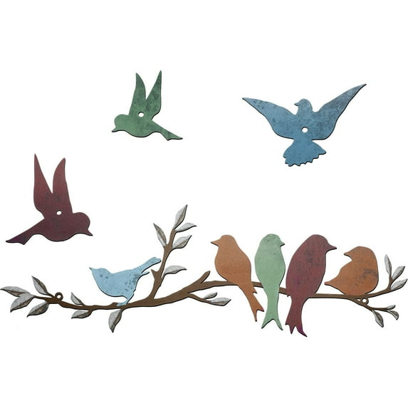 Metal Bird Wall Art Birds on the Branch Decor Metal Sculpture Silhouette Ornament Branch Wall Hanging Sign for Balcony Garden Home Decor(Cute Colors)