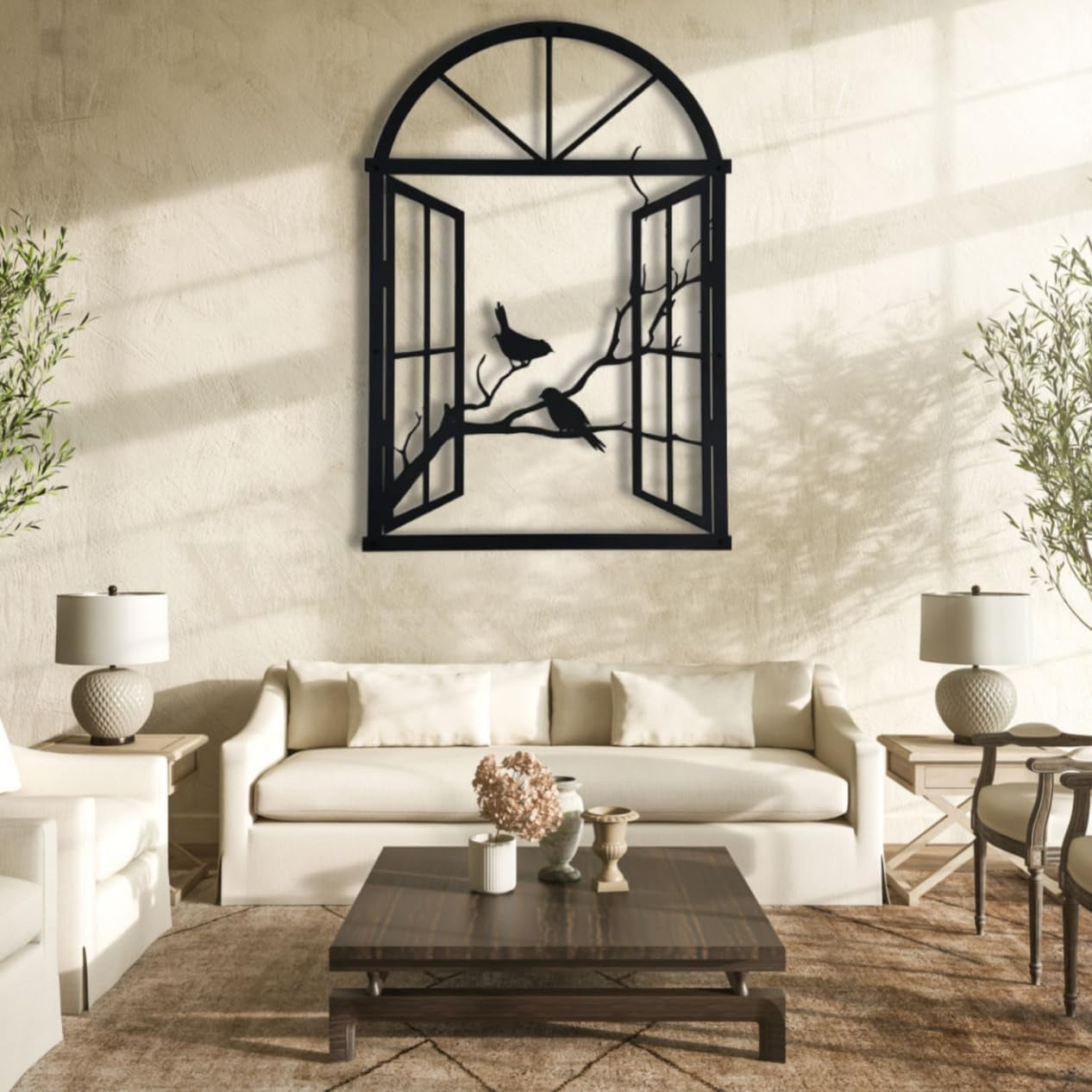 Metal Tree Branch Wall Art With Birds - Black Powder Coated Steel, 39" W X 12" H (100x32cm), Indoor/Outdoor Decor
