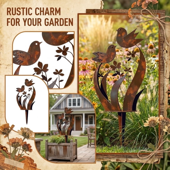 Metal Bird & Wildflower Garden Stake, Rustic Metal Floral Yard Decor Stake, Weather-Resistant Outdoor Plant Pick for Lawn Patio Flower Bed, Decorative Garden Ornament Stakes (1 PC)