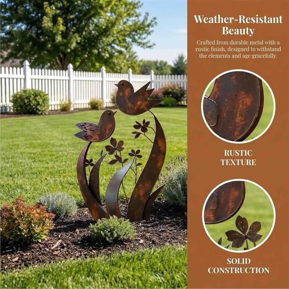 Metal Bird Wildflower Garden Stake, Rustic Weatherproof Yard Art, Ground Insert Landscape Decor for Patio Flower Holder Lawn Outdoor Greenery Layout