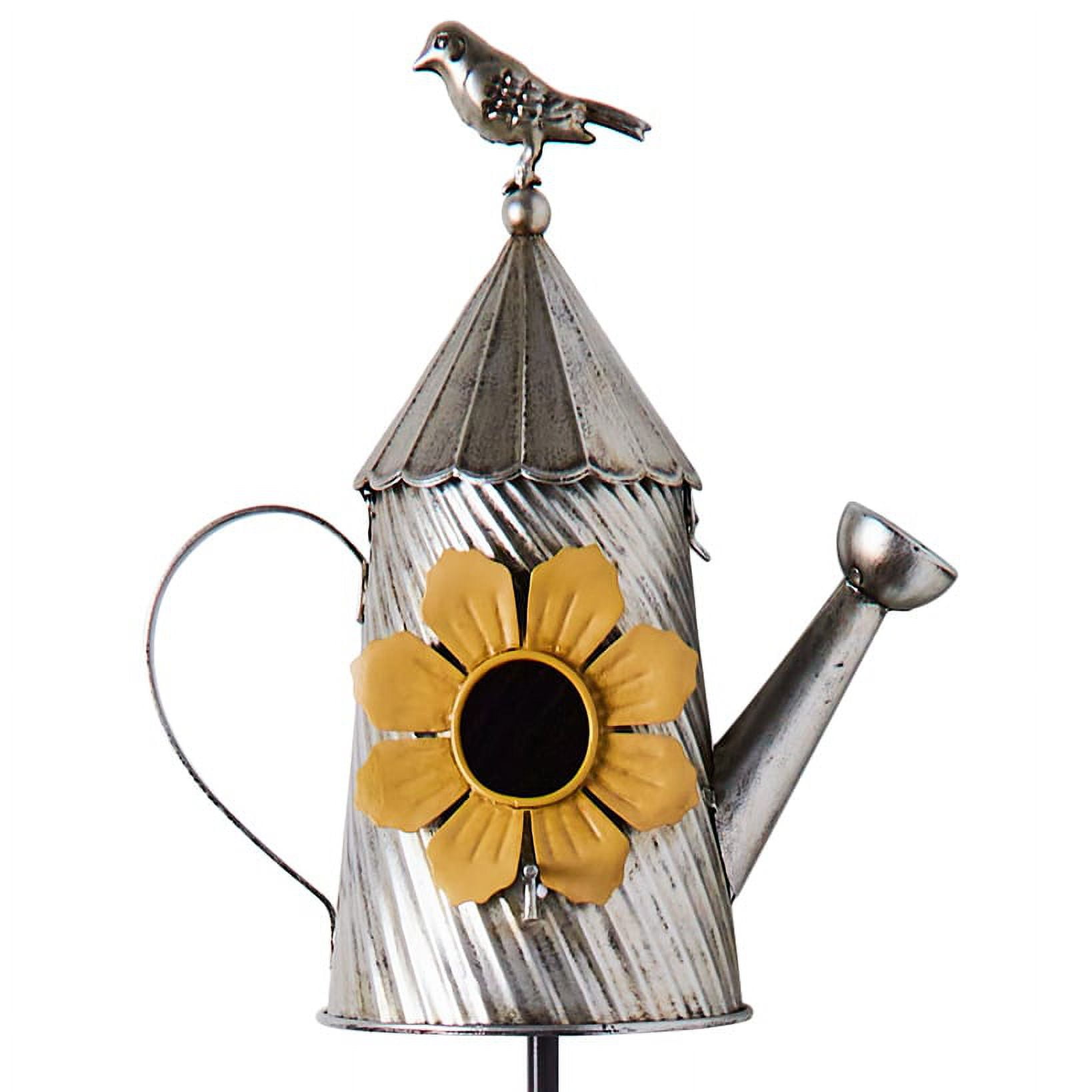 Yellow Metal Watering Can Birdhouse Garden Stake with Flower Decor