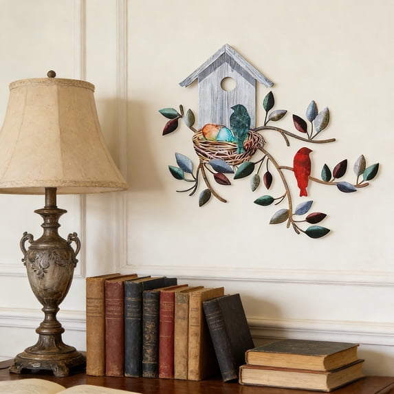Metal Birdhouse Wall Decor, Spring Birds on Branch with Art Decorative Wall Art for Home Living Room Bedroom Porch Entryway Indoor Outdoor Decoration