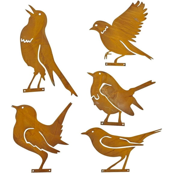 Metal Birds Outdoor Decor,Bexkou 5 Pack Outdoor Gardening Rusty Bird Art,Metal Silhouette Retro Courtyard Garden Decoration Bird,Metal Bird Craft Statue Ornaments for Fence Topper Decor
