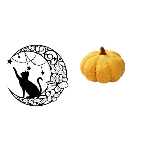 Metal Black Cat Wall Art Moon Sculpture Halloween Pumpkin Plush Pillow Soft Material for Cat Lovers Bedroom Decor
