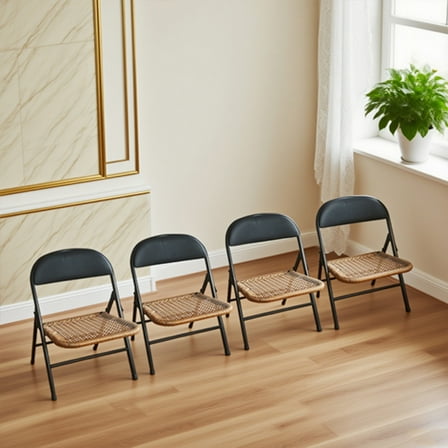 Metal Black Folding Chair Set of 4,Wicker Patio Chairs,Rattan Chairs for Indoor,Outdoor