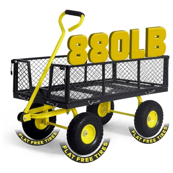 Metal Black Garden Cart, w/ 180° Adjustable Yellow Handle, w/Mat and Strap, Heavy Duty 880 lbs Capacity, w/ 10” Flat-Free Tires, Sides Removable, Utility Wagon, Lawn Cart, for Garden, Yard