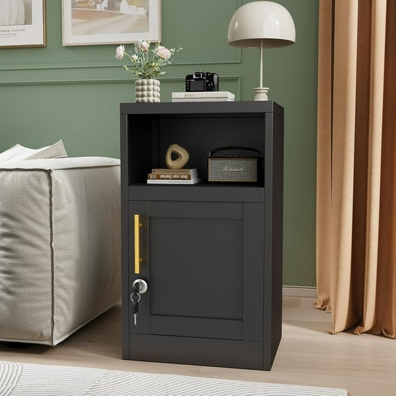 Metal Black Nightstand with Lock, File Cabinet with Shelves Storage Cabinet,28" Modern Side Table with Door and Open Shelf, Bedside End Table for Bedroom, Dorm and Small Spaces