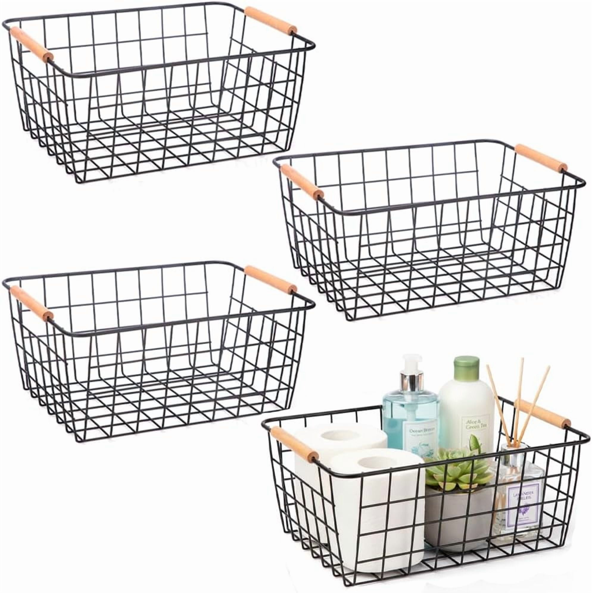 Metal Black Wire Basket,Food Storage Basket Organizer with Wooden Handles for Organizing,pantry and organizers Kitchen Cabinets Shelf potato onion, 4 Packs-Black