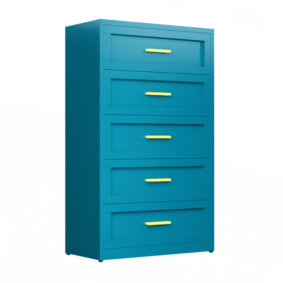 Metal Blue 5 Drawer Dresser for Bedroom, Tall Bedroom Dresser with Large Drawer & Golden Handles,Metal Storage Organizer Cabinet Chest of Drawer for Closet