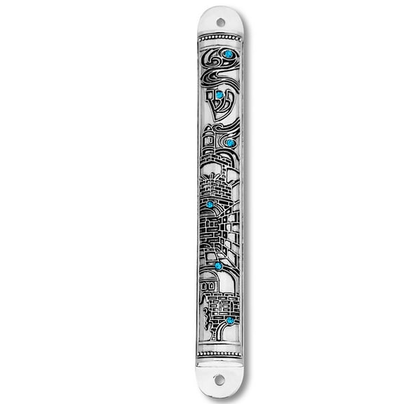 Metal Blue CZ Silver-Tone Jerusalem Old City Design Classic Mezuzah Case, 5.5"