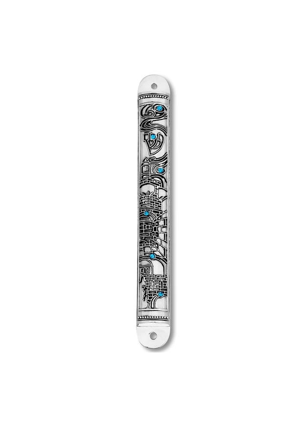 Metal Blue CZ Silver-Tone Jerusalem Old City Design Classic Mezuzah Case, 5.5"