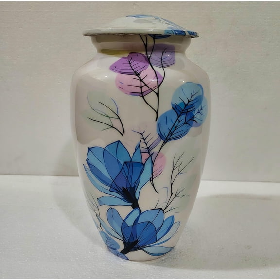 Metal Blue Flower Urn for Adult Human Ashes  Premium Decorative Memorial Cremation 10 inches Urns for Funeral, Burial, Columbarium, or Home Tribute Display