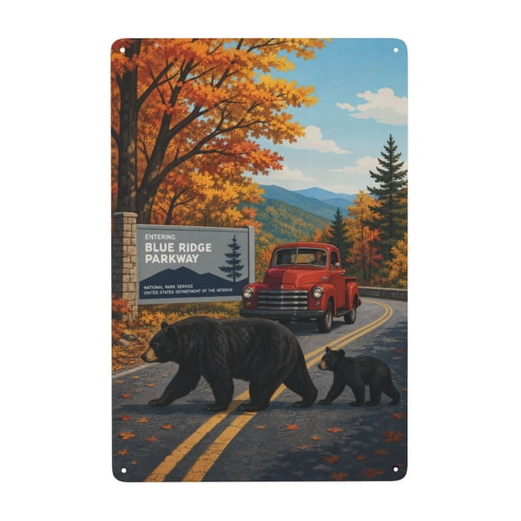 Metal Blue Ridge Parkway Sign with Bears and Vintage Truck 8x12 Inch Wall Decor, Rustic Iron Art for Indoor/Outdoor Use, Easy to Hang Vintage Style Home Decoration, Weather Resistant Finish