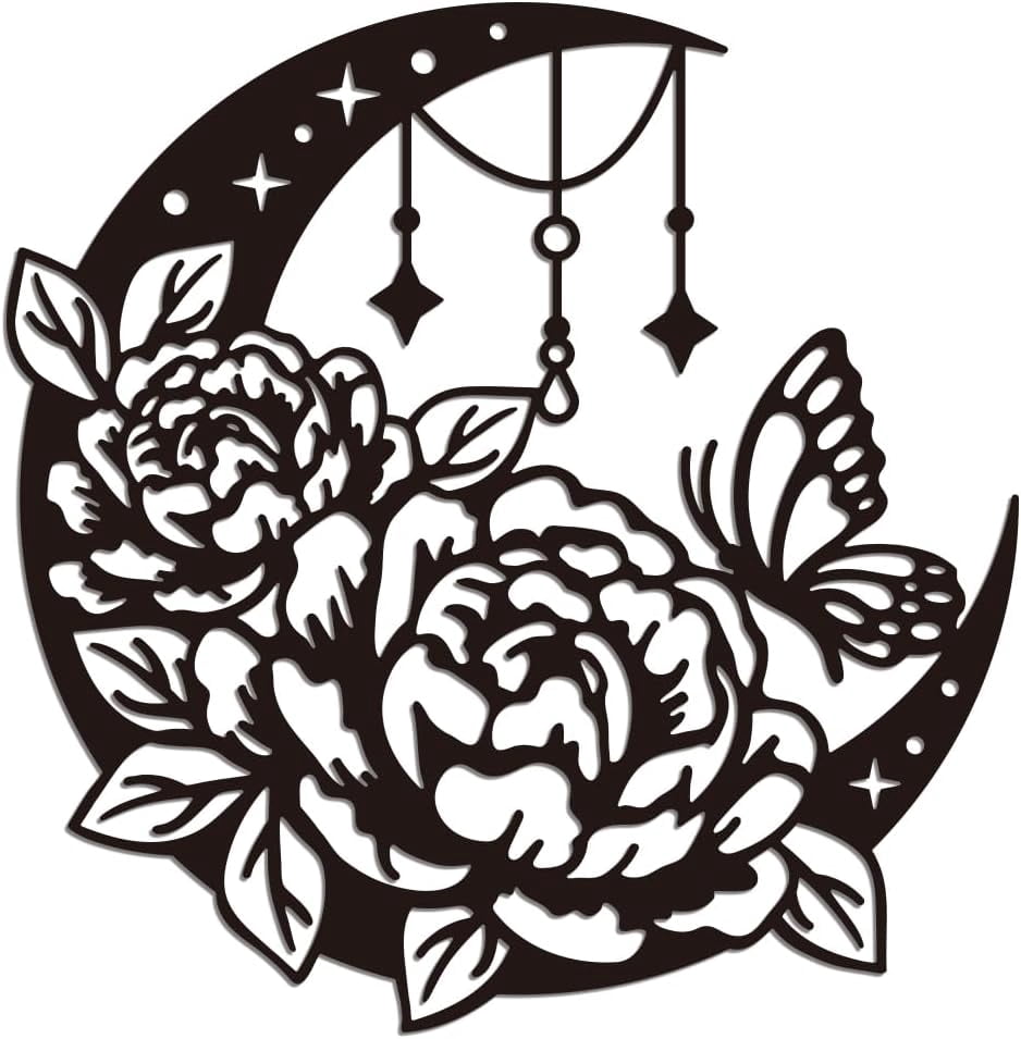 DUOOLN Moon Metal Floral Wall Art - Black Boho Half Moon & Star Phase Sign, 11 Inch, Iron Hanging Decor