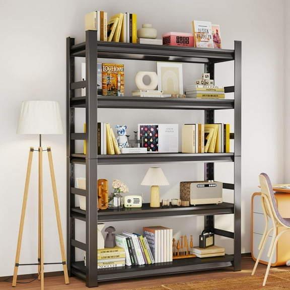 Metal Book Shelf, Heavy Duty Bookshelf with Fences, Easy to Install, 5-Tier Adjustable Book Shelves, Utility Shelves for Storage for Living Room, Bedroom