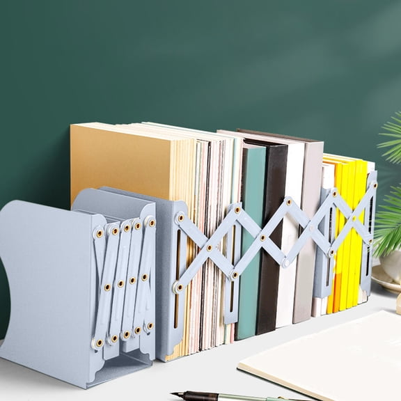 Metal Book Stand for Desk, Adjustable Folding Bookshelf Organizer with Pen Holder, Space Saving Desktop Storage for Office or Students