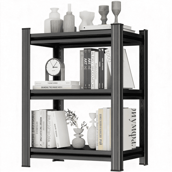 Metal BookShelf, 32"H x 24"W Industrial Bookshelves, Steel Storage Shelf for Books, Adjustable Standing Book Shelf for Living Room, Bedroom, Office, Library, Tool-Free Assembly, Black(3-Tier)