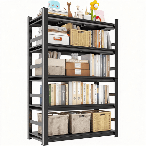 Metal BookShelf, 72'‘H x 36"W Industrial Bookshelves, Heavy Duty Storage Shelf for Books, Adjustable Standing Book Shelf for Living Room, Bedroom, Office, Library, Tool-Free Assembly, Black(5-Tier)