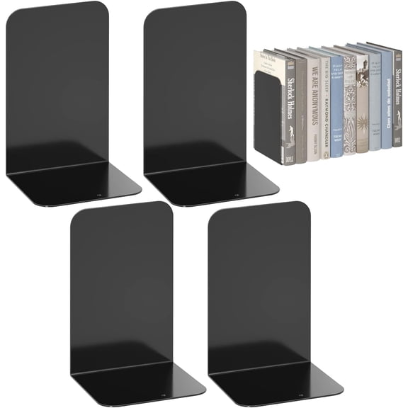 Metal Bookends 2 Pairs, Black Book Ends, Bookends for Shelves, Book Stopper for Heavy Books, Book Dividers for Home Office School Supplies