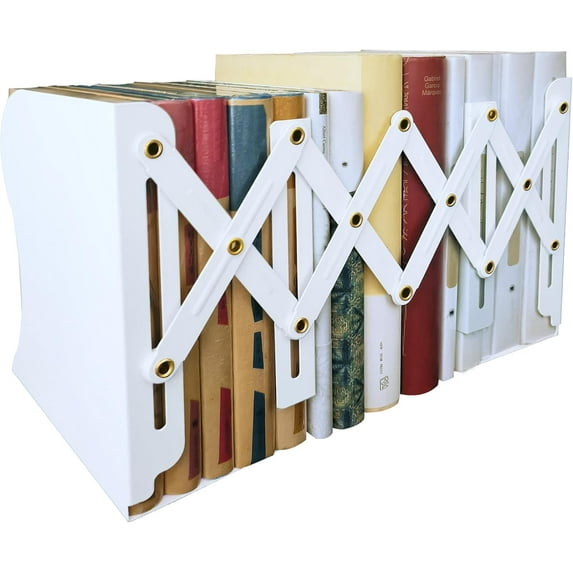 Metal Bookends, Book Ends for Heavy Books, Adjustable Book Holder for Shelves, Book Stopper for Home/School/Office, Extends up to 19 inches, White