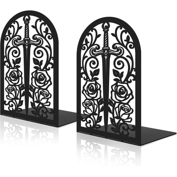 Metal Bookends for Shelves, Book Ends for Heavy Books, Sword and Rose Metal Bookends Non-Skid, Heavy Duty Book Ends for Office Desk Living Room, Black 1pair 4.8" X 8"X 4.4"Inch (Vintage)