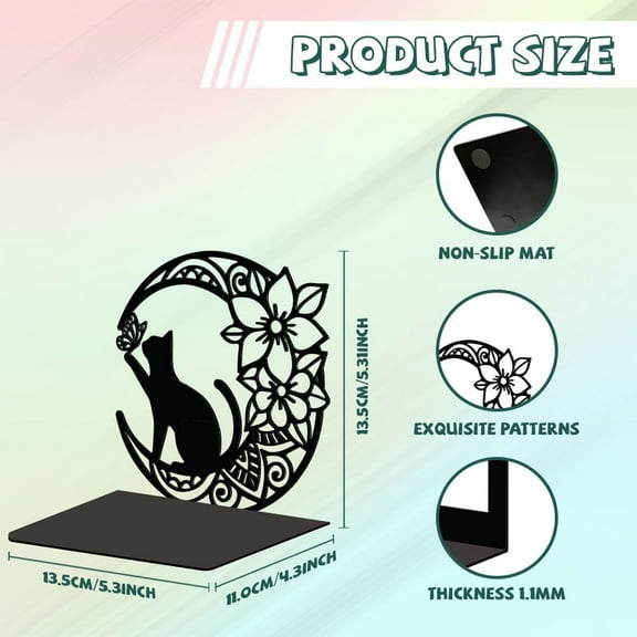 Metal Bookends for Shelves Modern Decorative Heavy Duty Study Book Support Stoppers for Office Desk Shelf Room 5.3"x4.3"x5.3" Cast Iron Tall Bookends 1 Pair (Moon with Cat and Flower)