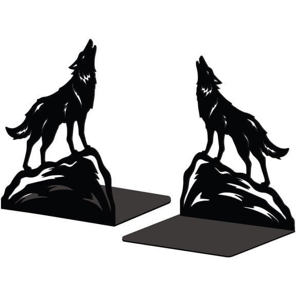 Metal Bookends for Shelves Modern Decorative Heavy Duty Study Book Support Stoppers for Office Desk Shelf Room 5.3"x4.3"x6.4" Cast Iron Simple Tall Bookends 1 Pair (Howling Wolf) Black