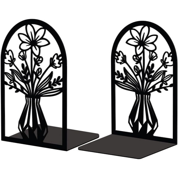 Metal Bookends for Shelves Modern Decorative Heavy Duty Study Book Support Stoppers for Office Desk Shelf Room 5.3"x4.3"x7.9" Cast Iron Simple Bookends 1 Pair (Vase with Flowers) diy