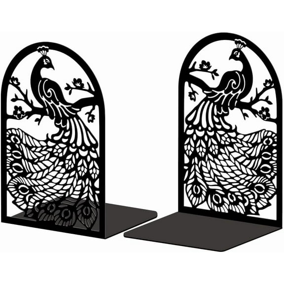 Metal Bookends for Shelves Modern Decorative Heavy Duty Study Book Support Stoppers for Office Desk Shelf Room 5.3"x4.3"x7.9" Cast Iron Simple Tall Bookends 1 Pair (Peacock) Black
