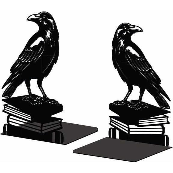 Metal Bookends for Shelves Modern Decorative Heavy Duty Study Book Support Stoppers for Office Desk Shelf Room 5.3"x4.3"x7.9" Cast Iron Simple Tall Bookends 1 Pair (Crow on Book Stack) Metal Black