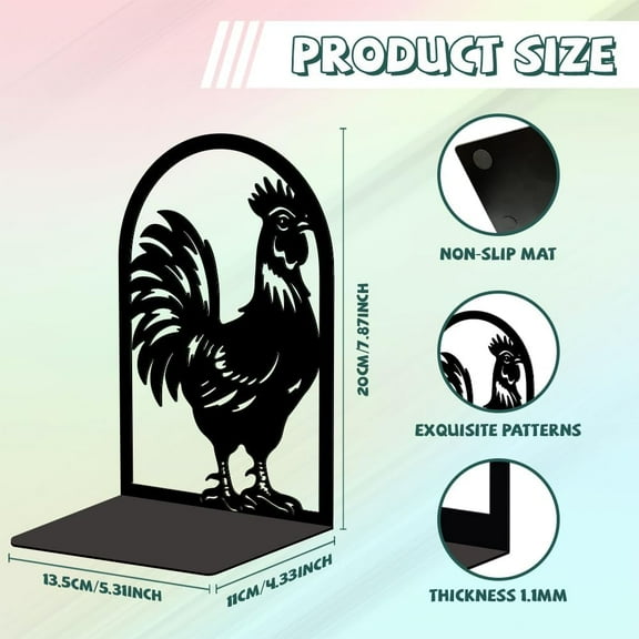 Metal Bookends for Shelves Modern Decorative Heavy Duty Study Book Support Stoppers for Office Desk Shelf Room 5.3"x4.3"x7.9" Cast Iron Simple Tall Bookends 1 Pair (Rooster)